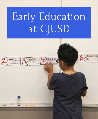  boy placing a 4 in a row of numbers, with the words CJUSD early childhood education above him